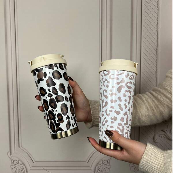 500ml Leopard Print Stainless Steel Insulated Coffee Mug, New Stylish Portable Water Bottle Suitable For Men & Women, Car Cup With Straw, Christmas/Birthday Gift