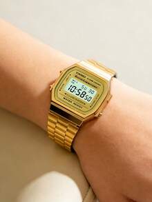 Casio ساعة رقمية رياضية، ساعة بسوار من الفولاذ المقاوم للصدأ بتصميم ريترو وقرص مربع، تقويم ومنبه وساعة إيقاف، مقاومة للماء للاستخدام اليومي، مناسبة للاستخدام اليومي - الذهبي والأسود - مشاهدة 4