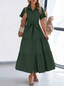 Women's Summer Dresses Short Sleeve Fluttering Multi Layers Beach Sundresses Buckle Wedding Shirt Dresses - 墨綠色 - 查看 3