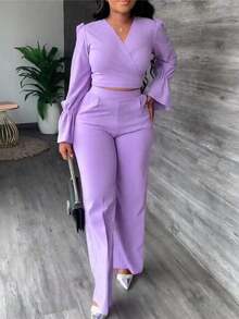 2Pcs Set Purple Lantern Sleeve Wrap V Neck Crop Top & High Waist Wide Leg Long Pants Set Elegant Slim Fit Work Office Party 2 Piece Outfits For Fall/Spring/Summer - 紫色 - 查看 3