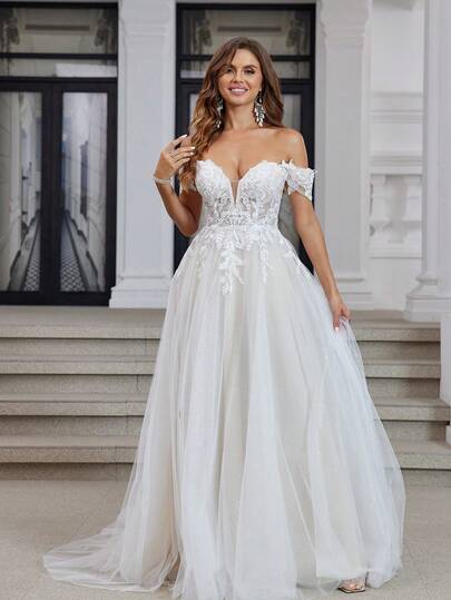 White Stiffening Net And Champagne Lining Off-Shoulder Detachable Tulle Long A-Line Sparkly Embroidery Wedding Dress, Elegant And Sexy, Suitable For All Seasons