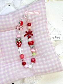1pc Fashion Women's INS Style Red Strawberry Pearl Alloy Bow Crystal Candy Flower Spring Phone Lanyard Keychain Compatible With Phone Case Accessories - Multicolor - View 3