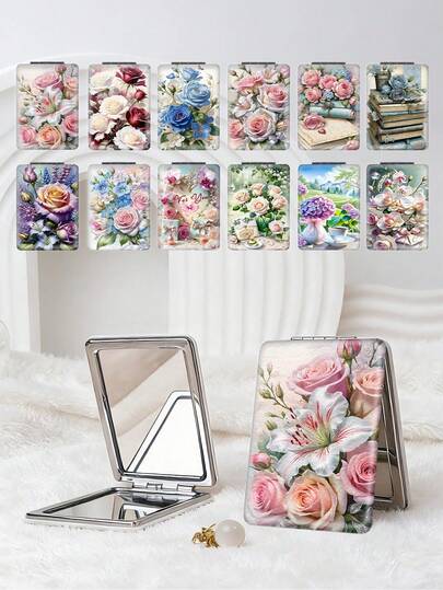1 chiếc gương trang điểm gấp gọn kiểu cổ điển họa tiết hoa, gương cầm tay nhỏ gọn, trang nhã với thiết kế hoa hồng, hoa ly, sách, ngọc trai, hoa lan, hoa cẩm tú cầu lãng mạn, chất liệu da PU bền chắc, cấu trúc gấp gọn tiện lợi, phù hợp cho mọi dịp.