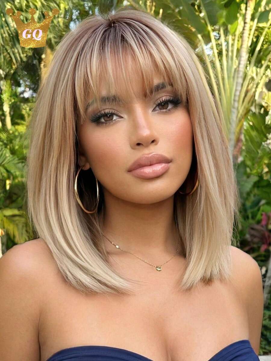 14 Inch Short Blonde Bob Wig Straight With Bangs Ombre Blonde Synthetic Wig For Women Heat Resistant For Women Daily Party New Year Use - Vàng - Xem 1