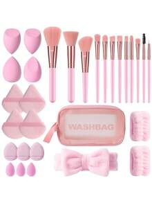 30件套化妆工具套装，包含：12支化妆刷套装+1个多功能防水拉链化妆包+2个手提碗挂绳+1个发圈+4个化妆海绵+4个三角粉扑+3个迷你气垫粉扑+3个迷你化妆海绵，一应俱全，新手友好 | 方便旅行携带，送礼佳品 | 新手/女性的完美之选 - 彩色 - 查看 1