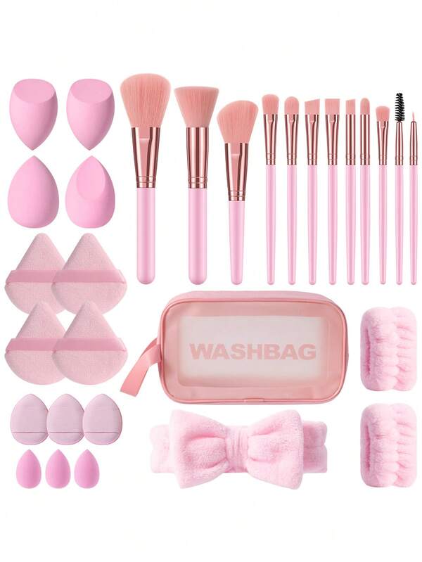 30件套化妆工具套装，包含：12支化妆刷套装+1个多功能防水拉链化妆包+2个手提碗挂绳+1个发圈+4个化妆海绵+4个三角粉扑+3个迷你气垫粉扑+3个迷你化妆海绵，一应俱全，新手友好 | 方便旅行携带，送礼佳品 | 新手/女性的完美之选