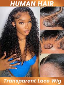 Deep Wave T4*4 Transparent Lace Front Wig Pre Plucked With Baby Hair Curly Wave Human Hair Wigs For Women 180% Density - Natural Black - View 2