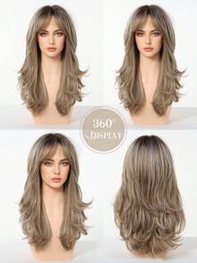 22 Inch Long Dark Ombre Brown Wavy Wigs For Women Synthetic Wigs With Bangs Long Natural Hair Wig With Bangs Use Daily Party Cosplay Heat Resistant Fiber - Brown - View 6