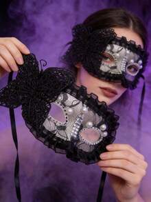 半脸超级仙女妆容舞会公主面具女性派对半脸珍珠蕾丝水钻角色扮演，仙女面具。 - 彩色 - 查看 5