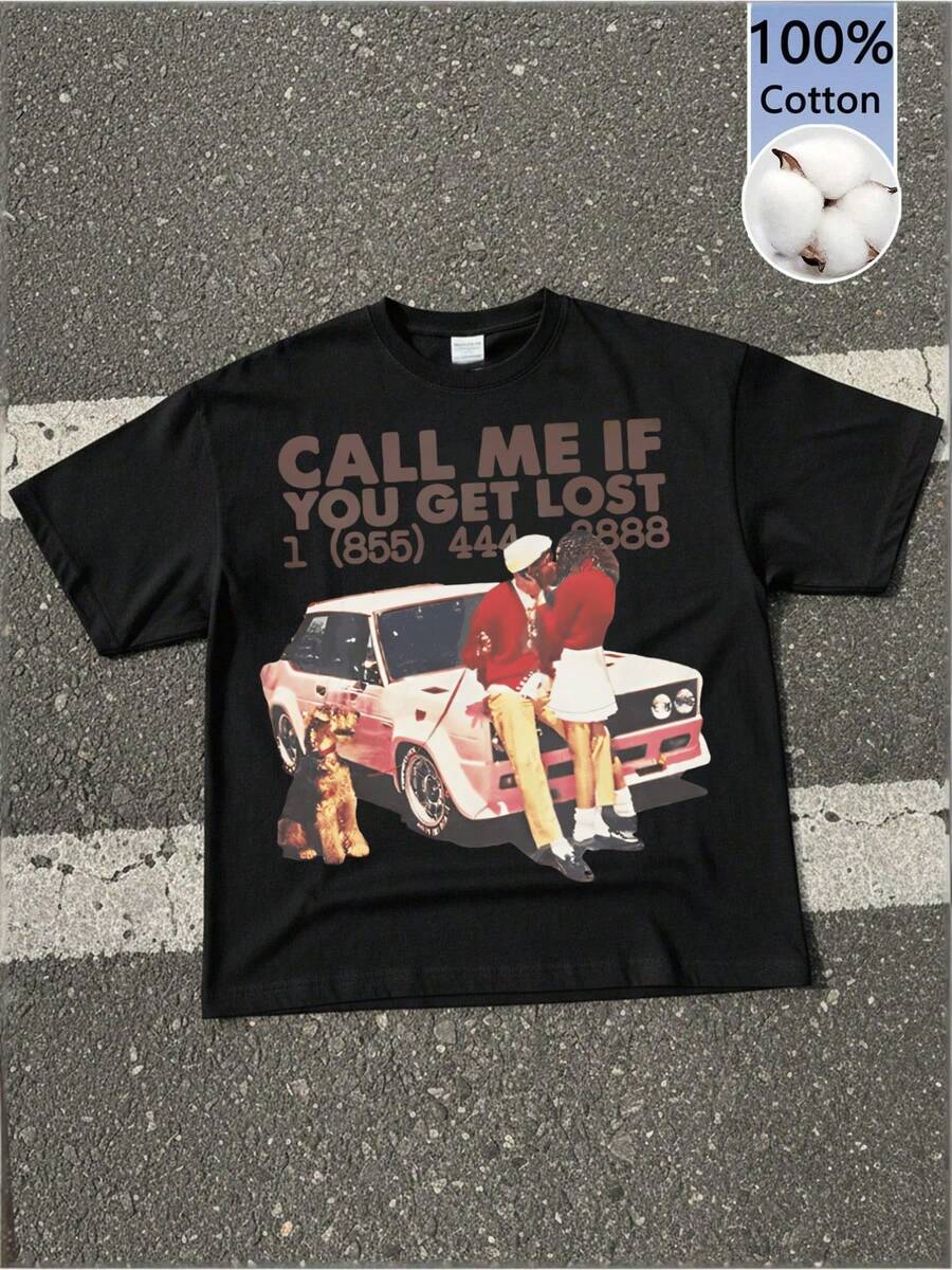 Plus Size Retro Car-Themed Romantic Graphic Tee,Casual Digital Print Pure Heavy Cotton T Shirt,220g Cotton T-Shirt,Gift,Summer,Unisex - 黑色 - 查看 1