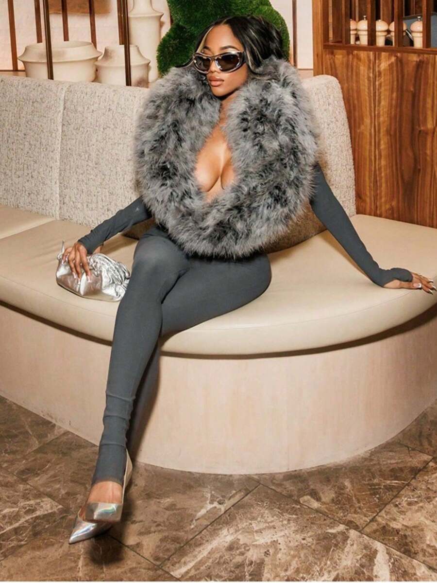 Mujer Jumpsuit  De La Moda Hot Girl Nuevo Estilo Manga Larga Peludo Footset Dedo Ajustado Jumpsuit - Gris - Ver 1