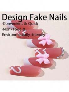 24pcs French Tip Press On Nails With Charms, Medium, Cute Bow, Long Square Shape, Acrylic Stick On Nails With Heart And Rhinestones Women Daily Wear, White - 彩色 - 查看 3