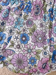 2件套女婴无袖连体衣，纯紫色和碎花图案，荷叶边下摆设计，春夏款 - 紫色 - 查看 3