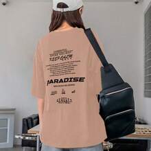 Women's Oversized Printed T-Shirt - Cheerful Paradise Phrase - Loose, Casual, Stylish, Modern, And Cool Blouse - 稻草 - 查看 11