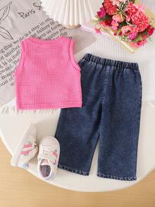 2件套女婴可爱休闲蝴蝶结镂空露背背心+牛仔长裤套装，春夏款 - 玫紅色 - 查看 2