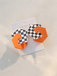1对复古黑白格子图案涂鸦链条亚克力耳坠，音乐节派对礼物（女士款） - 亮橙色 - 查看 5
