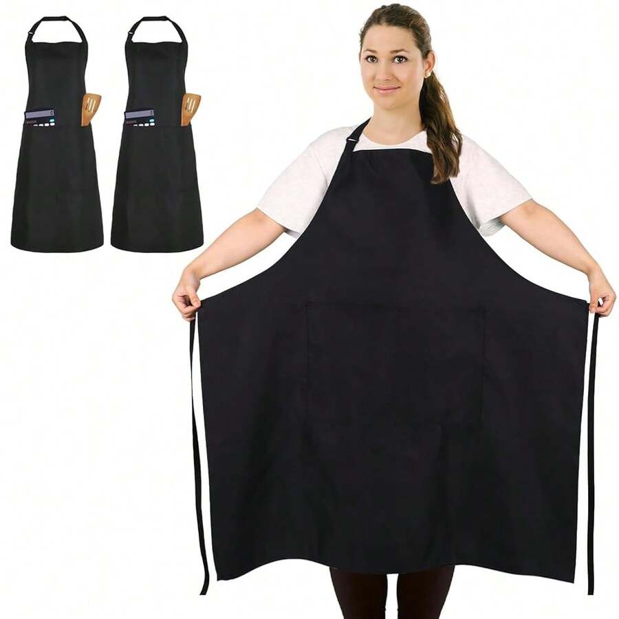 2 Pcs Plus Size Chef Apron, Unisex Professional Apron With 2 Pockets For CooFKing, Work, BaFKing (Larger Size) - Black - View 1