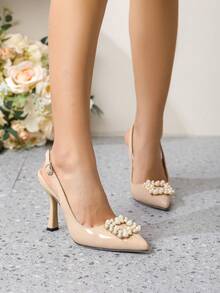 Women's New High Heel Shoes With Pearl Square Buckle, Pointed Toe, Elegant Stiletto Heel, Sexy Open Back, Fashion French Style Pumps - Apricot - View 5