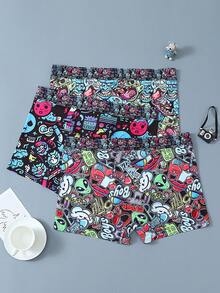 3条装男士内裤，随机涂鸦印花，松紧腰带，弹力男士平角裤 - 彩色 - 查看 5