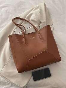 复古拼接PU法棍包 | 多功能通勤单肩包 - 棕色 - 查看 3