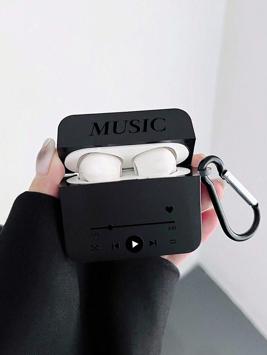 1pc Black Matte Square Earphone Case With Music Player Print And Black Hook, Compatible With Apple 1/2, Pro, 3, Pro 2, 4, Pro 3 (Earphones Not Included) - Black - View 1