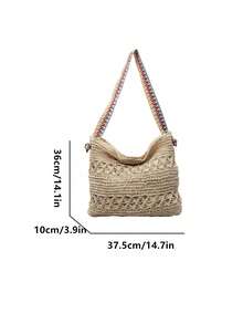 Women's Shoulder Bag, Crocheted Straw Woven Beach Style - Beige - View 11