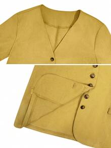 Setelan Blazer dan Celana Pendek Wanita Kasual untuk Liburan Sehari-hari, Bahan Campuran Linen, Warna Polos, Kerah V, Kancing Tunggal, Lengan Pendek Longgar, Musim Panas - Mustard Yellow - View 7