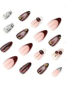 24 Long Nails Brown Nails Black And White 3D Cherry French Red Almond Nails + 1 Piece Of Jelly Glue + 1 Frosted Strip - Coffee Brown - View 3