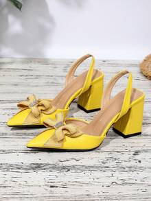 2026 New Design Pointed Toe Thick Heel High Heels Women Shoes, Unique Bowknot Rhinestone Sandals - Yellow - View 5