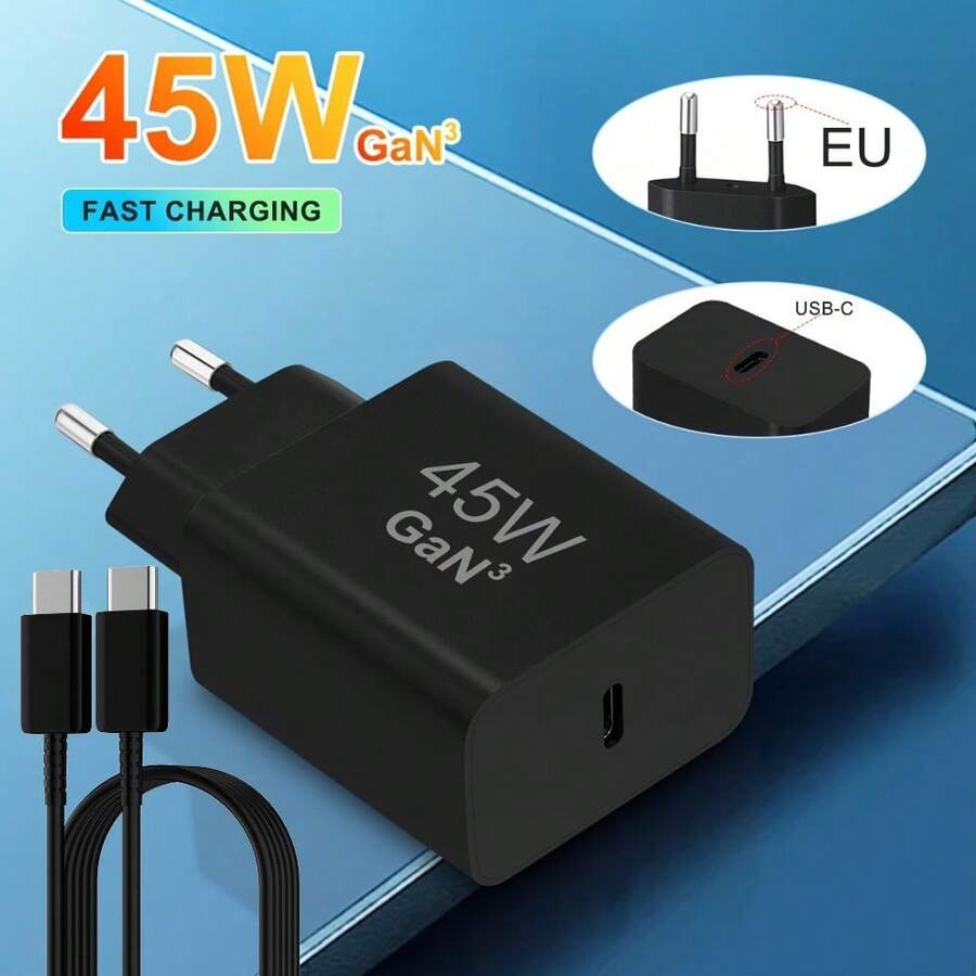 45W Super USB C Fast Charger Compatible With Samsung Galaxy S25+,S25 Ultra,S24+,S24 Ultra,S23+,S23 Ultra,S22,S21,Note20,A54,A53,Z Fold5,Flip5,Fold4,Tab S8 Ultra, Type C GaN Adapter With 1M+2M USB C Cable - EU C Type Plug(220-240V) - View 1