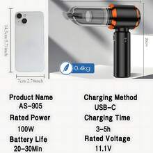 15000PA High Power Portable Wireless Vacuum Cleaner, 4-In-1 Compressed Air Duster And Handheld Vacuum Cleaner With Brushless Motor, Suitable For Car, Home, Office, Camping, Computer Keyboard And Laptop Cleaning, 2000mAh/11.1V - Black and Orange - View 8