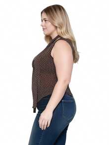 1Pcs Plus Size Women's Ruched Tank Top With Scarf - Sleeveless V-Neck Layering Vest, Dot Print Streetwear For Summer, Festivals  Casual Outfits - Brown - View 4
