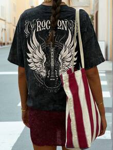 Summer New Simple Fashion Guitar Angel Wings Rock Print Casual Round Neck Tie-Dye Short Sleeve T-Shirt, Fashionable & Versatile Women Top - Black - View 8