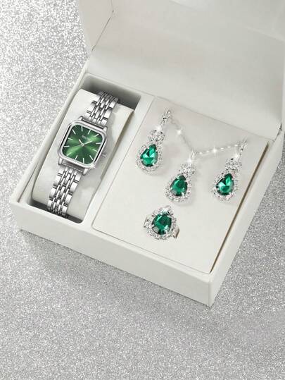 Women's Watch Set, Fashionable And Classic Bracelet Watch, Square Dial, Elegant Square Dial Classic Luxury Quartz Watch, Retro Quartz Watch, Includes Necklace, Earrings And Ring, Suitable For Everyday Wear, Birthday, Women's Gift, Anniversary, Thanksgiving Friday, Year-End , Cyber ​​Monday, Halloween And Other Holiday Gifts, Suitable For Everyday Wear And Gifting (Watch Box Not Included).