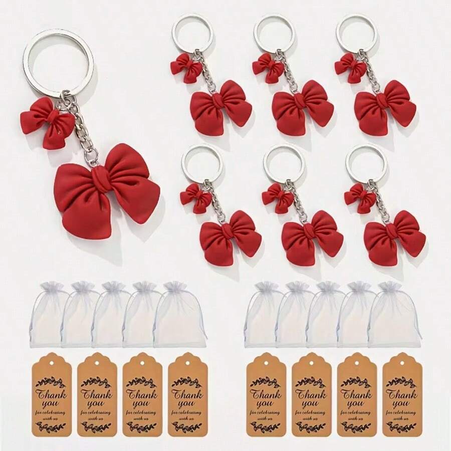 18件套（6套）钥匙扣派对礼品套装，双蝴蝶结挂饰钥匙扣，粉红甜美元素挂饰，日常通勤钥匙配件，闺蜜街头包包挂饰，少女可爱小物，送给女朋友的贴心礼物，情人节钥匙扣 - 彩色 - 查看 1