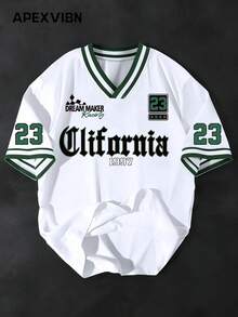 Men's Casual Retro Sports Style Letter & Number Print V-Neck Contrast Striped Trim Short Sleeve T-Shirt, Summer - White - View 2