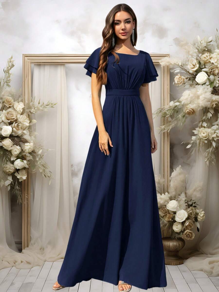 Volly Toych Elegant Modest Chiffon Maxi Bridesmaid Dress With Scoop Neck And Flounce Short Sleeves Draped Ruffle Classy Vacation Style - Navy Blue - View 1