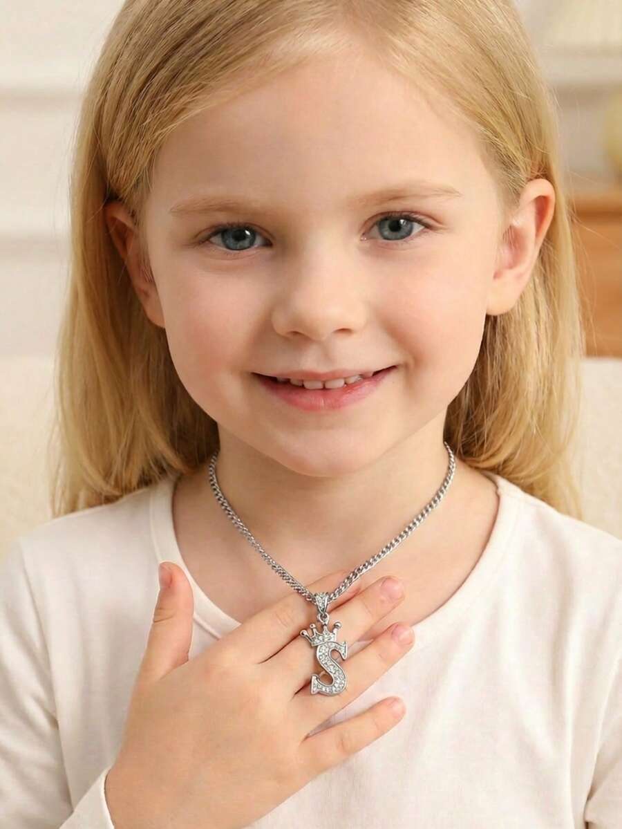 1pc Classic Silver Stainless Steel Zirconia Crown Letter Pendant Necklace Jewelry Accessory, Unisex, Party Gift
