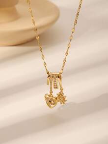 Gold-Tone Cute Pendant Necklace - Heart/Owl/Smiling Face Rhinestone Jewelry, Suitable For Women's Everyday/Casual Wear - Gold - View 7