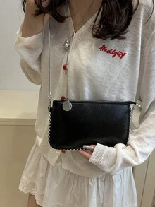 豹紋女款包包，新款時尚迷人優雅單肩包，附鏈條肩帶，斜跨手拿包 - 黑色 - 查看 3