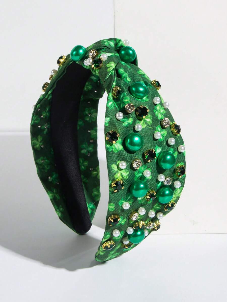 1pc St. Patrick's Day Irish Clover Rhinestone Headband, New Bohemian Style Green Pearl Rhinestone Wide Knotted Headpiece, Suitable For Women's Party And Celebration - Green Pearl - View 1