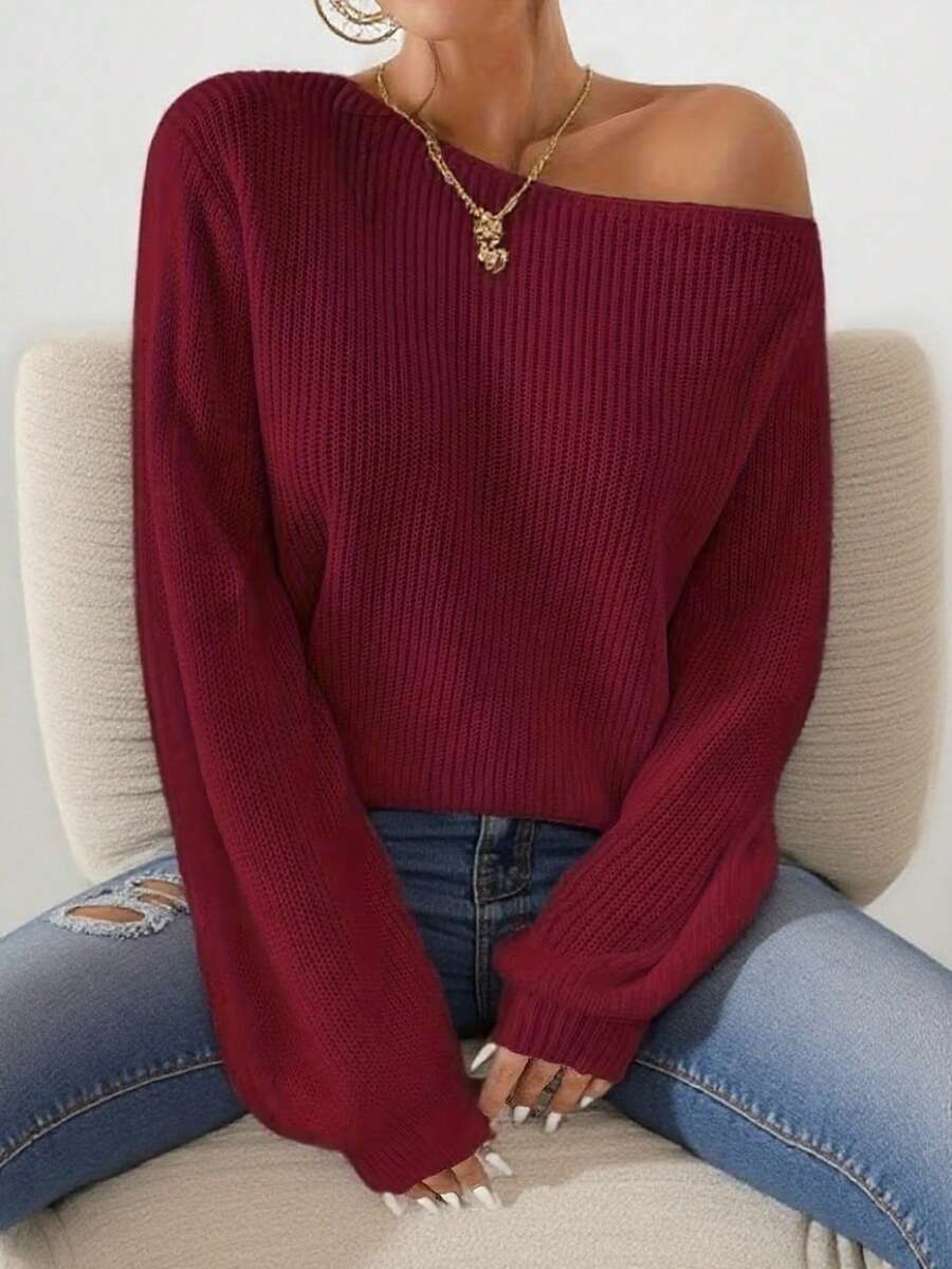 V-Neck Casual Loose Pullover Knit Sweater, Long Sleeve Women Knitwear - Red - View 1