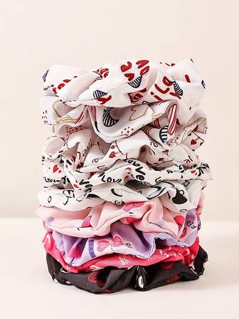 9pcs Valentine's Day Heart Print Fabric Scrunchies, Comfortable Soft & Loving Hair Ties, Suitable As Birthday Or Holiday Gift For Girlfriend