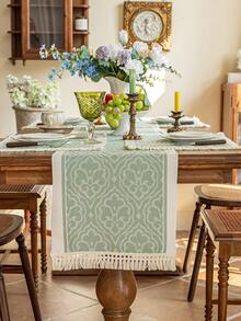 1pc Waterproof Table Runner With Tassel Decor, Suitable For Home, Party, Hotel, Restaurant Table Decoration - Green - View 5