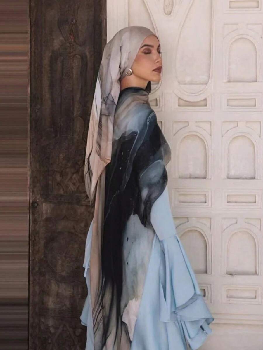 1件装女士时尚休闲水彩、大理石纹、金属扎染印花头巾/围巾，波西米亚风格，可搭配长袍，适合日常穿着、聚会、派对