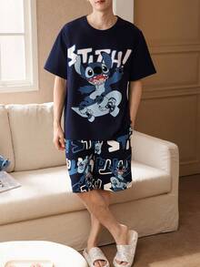 Gongdie Bộ đồ ngủ ngắn tay hai mảnh Disney Stitch dành cho nam, bộ đồ mặc nhà mùa xuân hè 2026, mềm mại và thoáng khí. - Màu xám đen - Xem 9