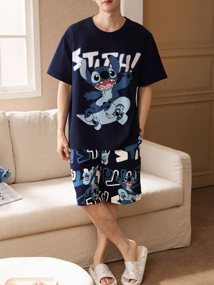 Bộ đồ ngủ ngắn tay hai mảnh Disney Stitch dành cho nam, bộ đồ mặc nhà mùa xuân hè 2026, mềm mại và thoáng khí. - Màu xám đen - Xem 9