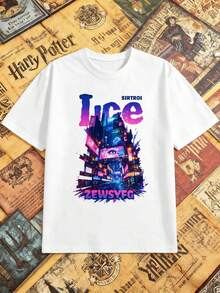Urban Night Graphic Print Cotton T-Shirt, 100% Cotton, Round Neck, Comfortable Fit, Casual And Comfortable. - White - View 2