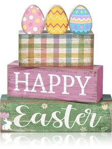 3pcs Of A Set | Rustic Wooden Easter Signs Stackable Blocks Decor , Easter Tiered Tray Decor Set ,Center Pieces For Table,Suitable For Easter Bunny, Easter Decoration, Party Supplies,Easter Party Supplies, Easter Holiday Birthday Party Favors, Party Gifts, Easter Gifts, Home Decor, Kitchen And - Multicolor - View 10