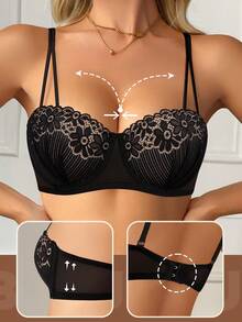MEIYATING 女士性感蕾丝文胸，花卉蕾丝，黑色，透气，轻盈，U型后背，细肩带，浪漫日常穿着 - 黑色 - 查看 1